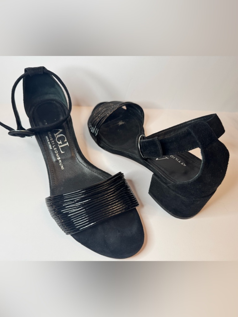 AGL Attilio Giusti Leombruni Black Leather Sandals 39 Made in Italy Block Heel